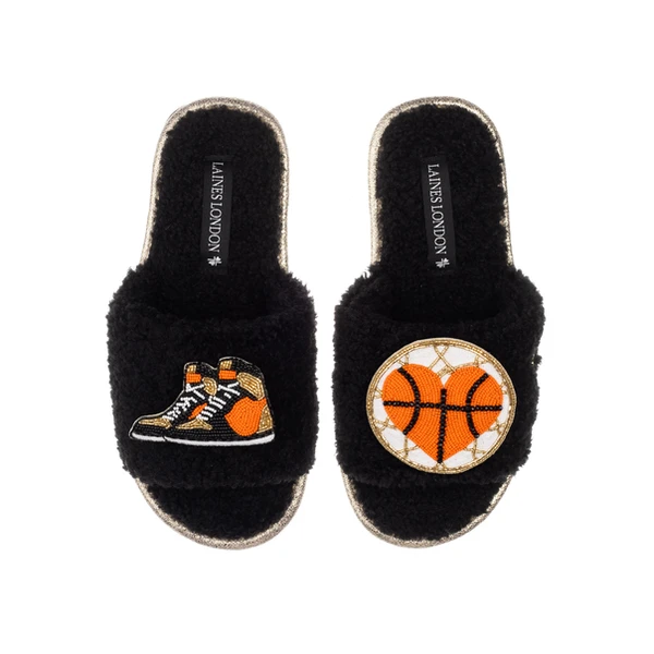 Laines London Teddy Towelling Slipper Sliders With Basketball Lover Brooches