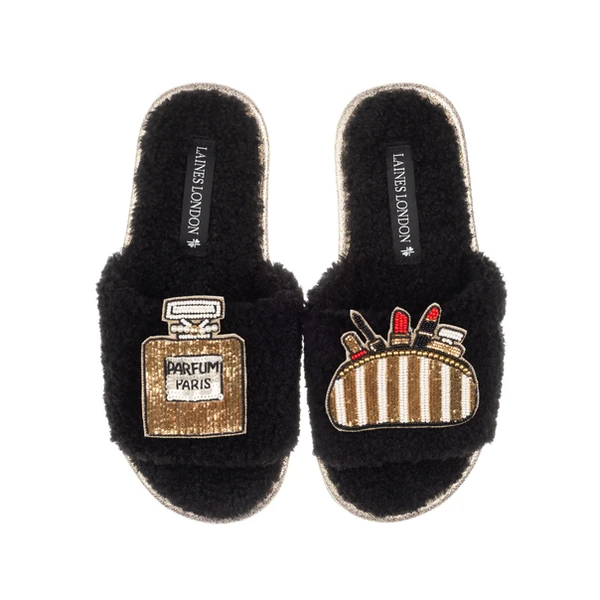 Laines London Teddy Towelling Slipper Sliders With Beauty Queen Brooches