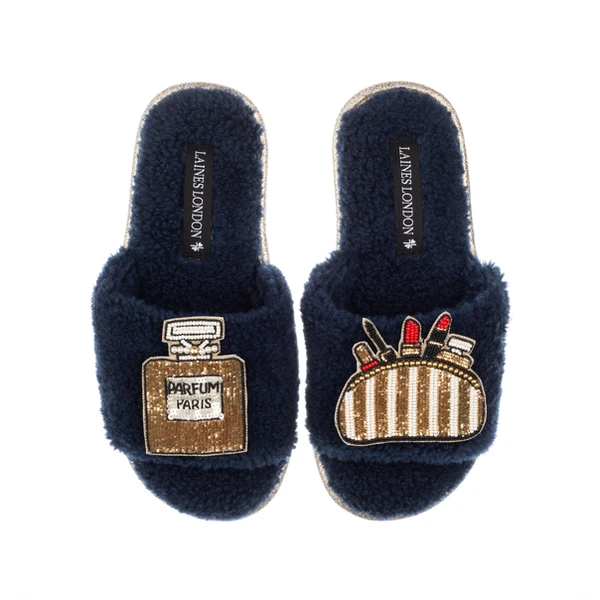 Laines London Teddy Towelling Slipper Sliders With Beauty Queen Brooches