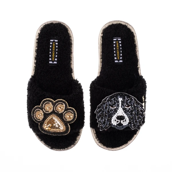 Laines London Teddy Towelling Slipper Sliders With Bentley & Paw Brooches