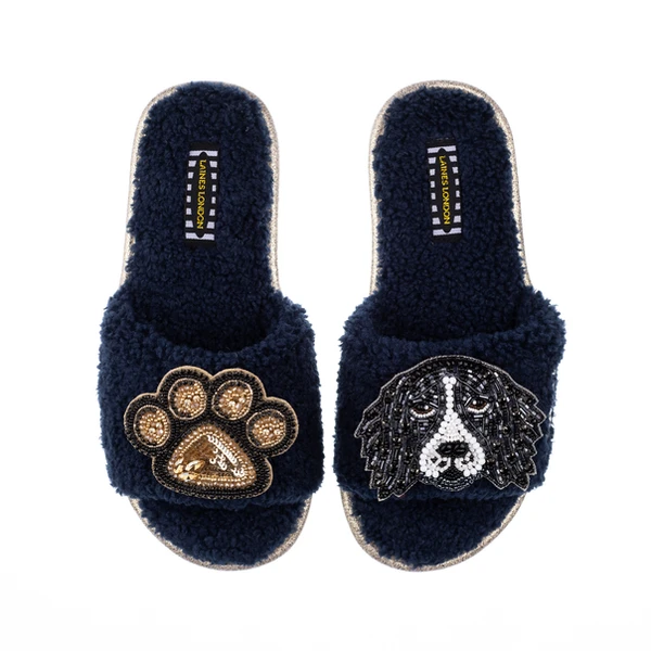 laines london Teddy Towelling Slipper Sliders With Bentley & Paw Brooches