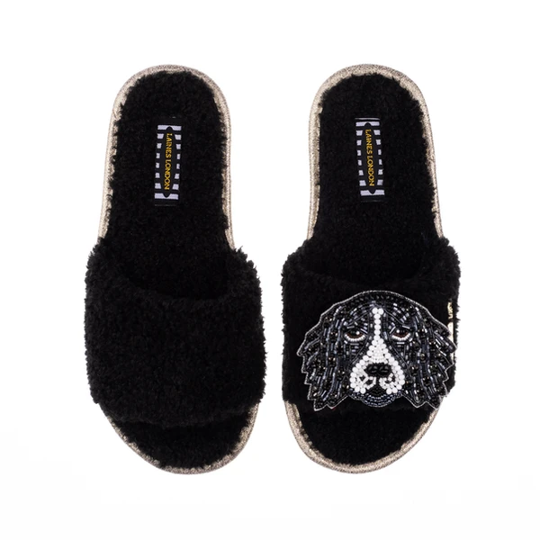 Laines London Teddy Towelling Slipper Sliders With Bentley The Black & White Spaniel Brooch