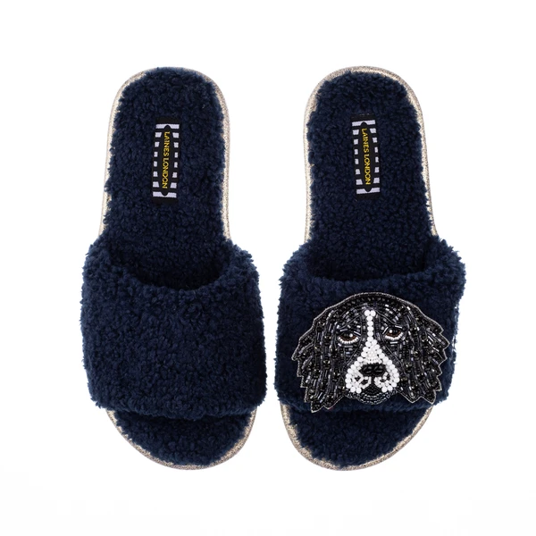 laines london Teddy Towelling Slipper Sliders With Bentley The Black & White Spaniel Brooch