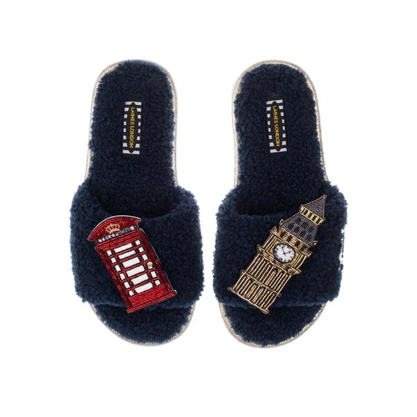 Laines London Teddy Towelling Slipper Sliders With Big Ben & Red Phone Box Brooches
