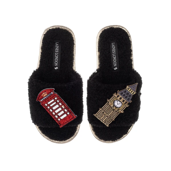 Laines London Teddy Towelling Slipper Sliders With Big Ben & Red Phone Box Brooches