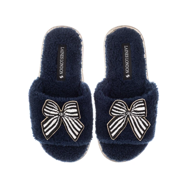 Laines London Teddy Towelling Slipper Sliders With Black Stripe Bow Brooches