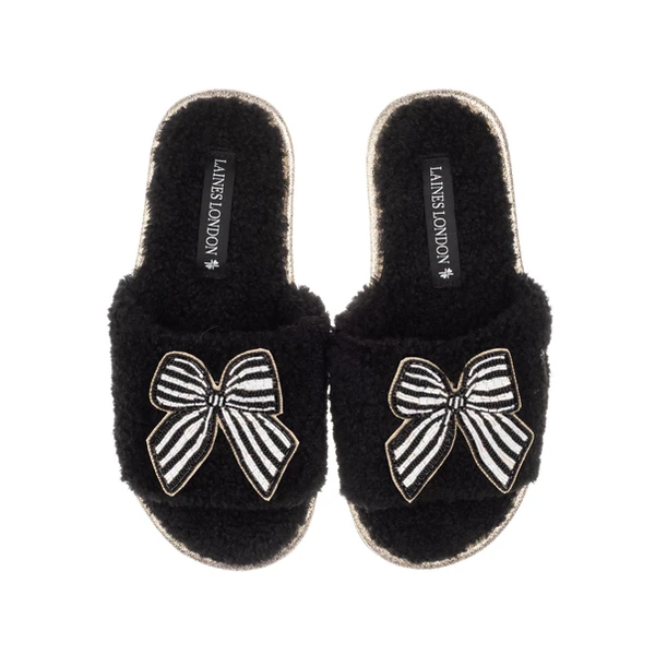 Laines London Teddy Towelling Slipper Sliders With Black Stripe Bow Brooches