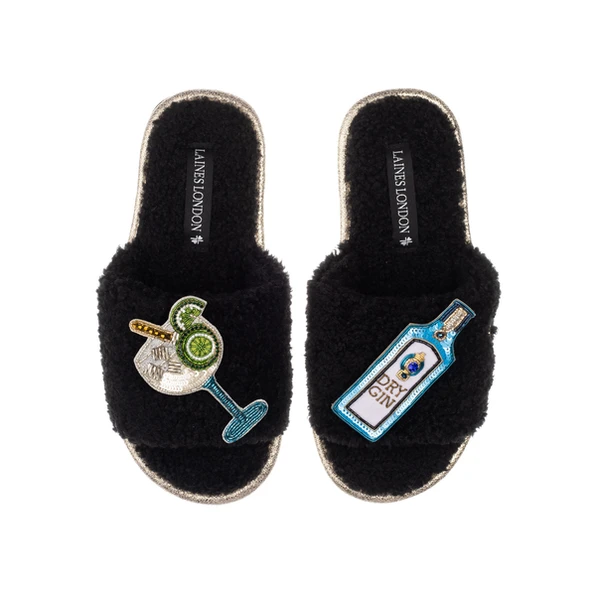 Laines London Teddy Towelling Slipper Sliders With Blue Sapphire Gin Brooches