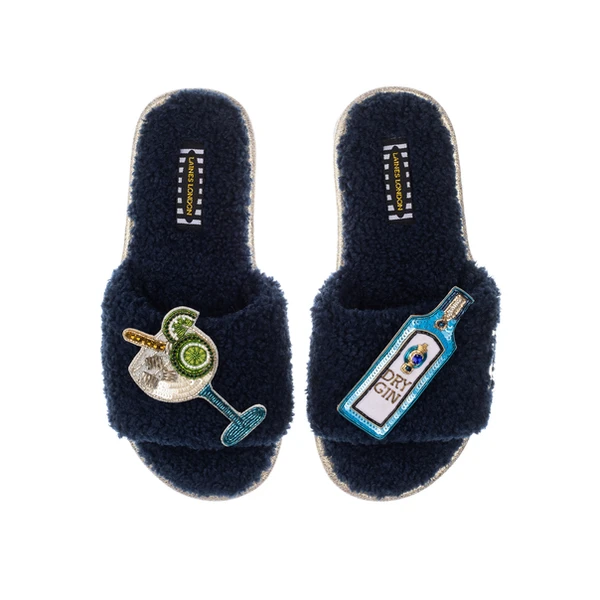 Laines London Teddy Towelling Slipper Sliders With Blue Sapphire Gin Brooches