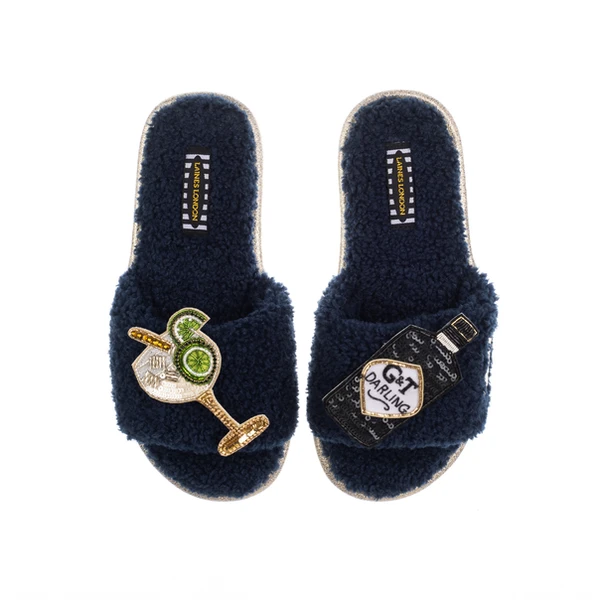 Laines London Teddy Towelling Slipper Sliders With Botanical Gin & Glass Brooches