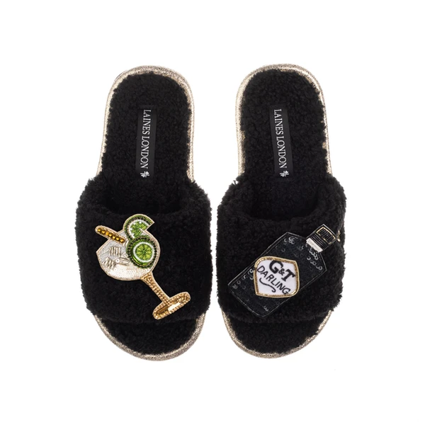 Laines London Teddy Towelling Slipper Sliders With Botanical Gin & Glass Brooches