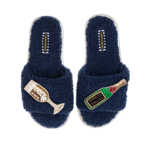 Laines London Teddy Towelling Slipper Sliders With Bubbles Darling Brooches