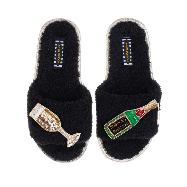 laines london Teddy Towelling Slipper Sliders With Bubbles Darling Brooches