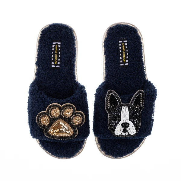 Laines London Teddy Towelling Slipper Sliders With Buddy & Paw Brooches