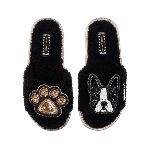 Laines London Teddy Towelling Slipper Sliders With Buddy & Paw Brooches