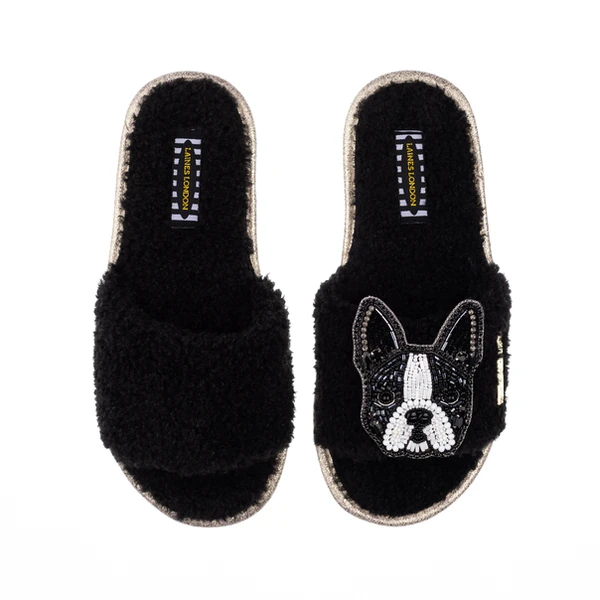 Laines London Teddy Towelling Slipper Sliders With Buddy The Boston Terrier Brooch