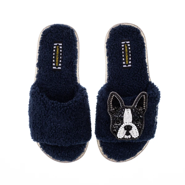 laines london Teddy Towelling Slipper Sliders With Buddy The Boston Terrier Brooch