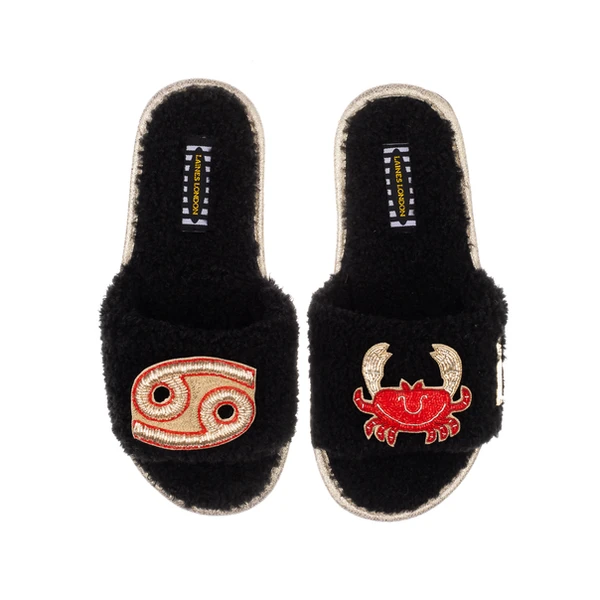 Laines London Teddy Towelling Slipper Sliders With Cancer Zodiac Brooches