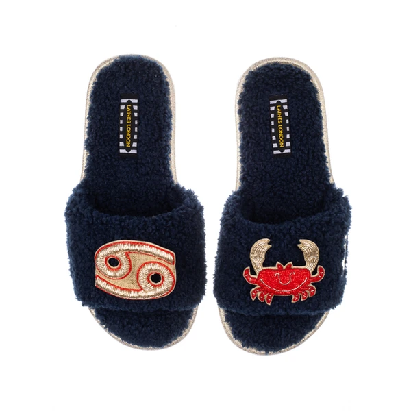 laines london Teddy Towelling Slipper Sliders With Cancer Zodiac Brooches