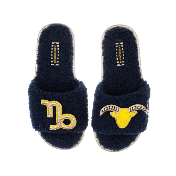 Laines London Teddy Towelling Slipper Sliders With Capricorn Zodiac Brooches