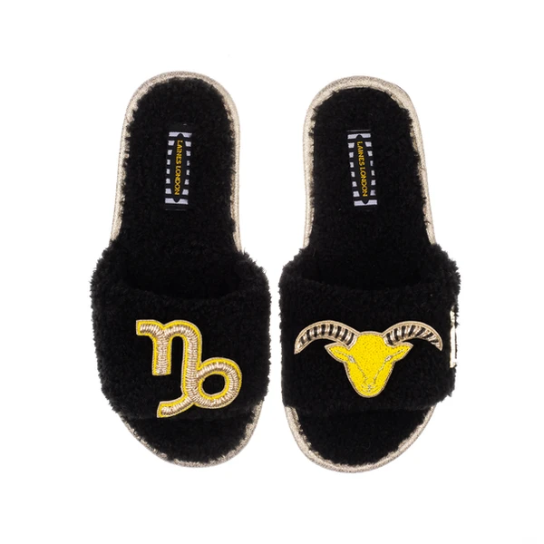 laines london Teddy Towelling Slipper Sliders With Capricorn Zodiac Brooches