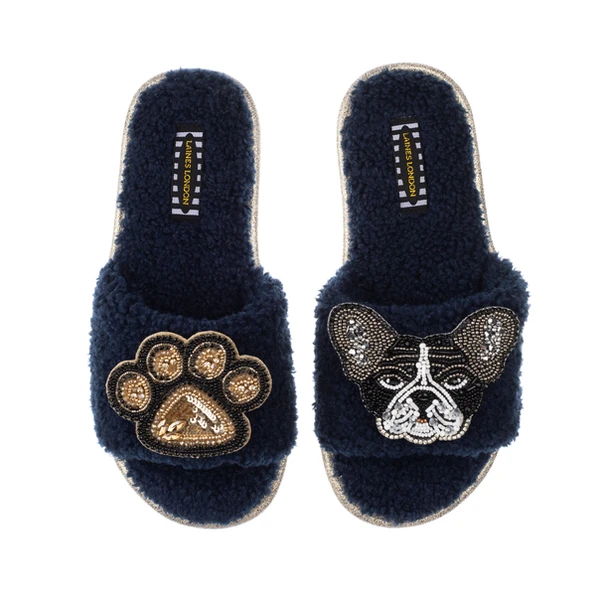 Laines London Teddy Towelling Slipper Sliders With Coco & Paw Brooches