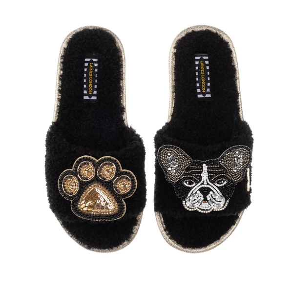 laines london Teddy Towelling Slipper Sliders With Coco & Paw Brooches