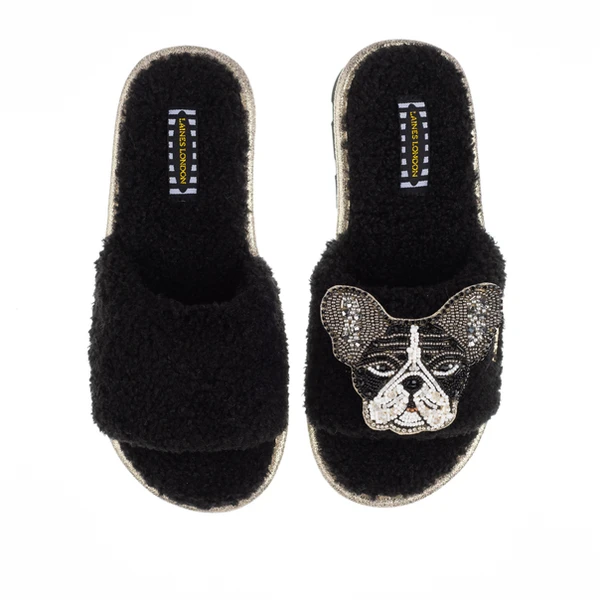 Laines London Teddy Towelling Slipper Sliders With Coco The Frenchie Brooch
