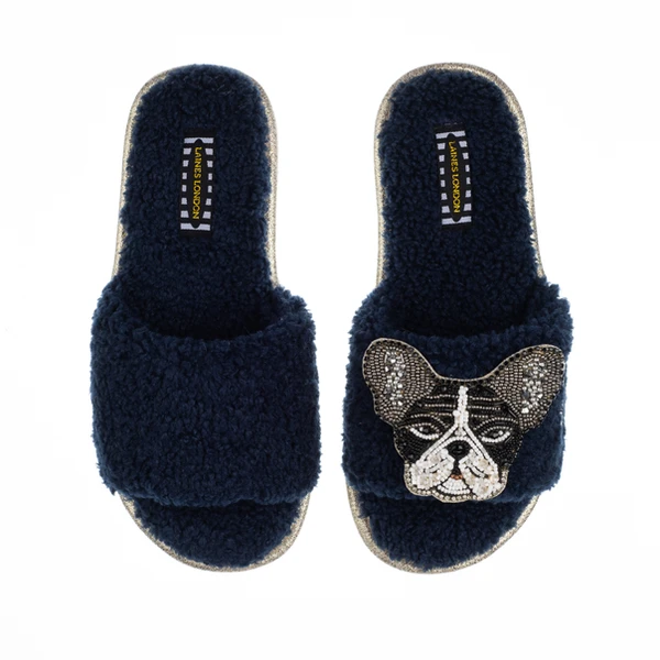 laines london Teddy Towelling Slipper Sliders With Coco The Frenchie Brooch