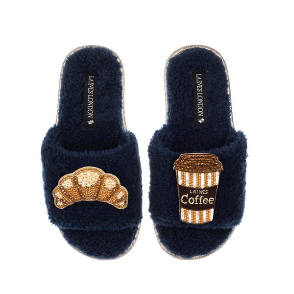 Laines London Teddy Towelling Slipper Sliders With Coffee & Croissant Brooches