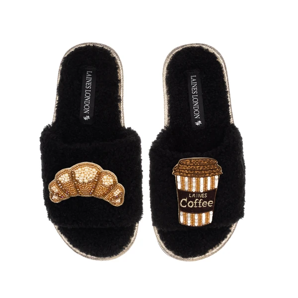 Laines London Teddy Towelling Slipper Sliders With Coffee & Croissant Brooches