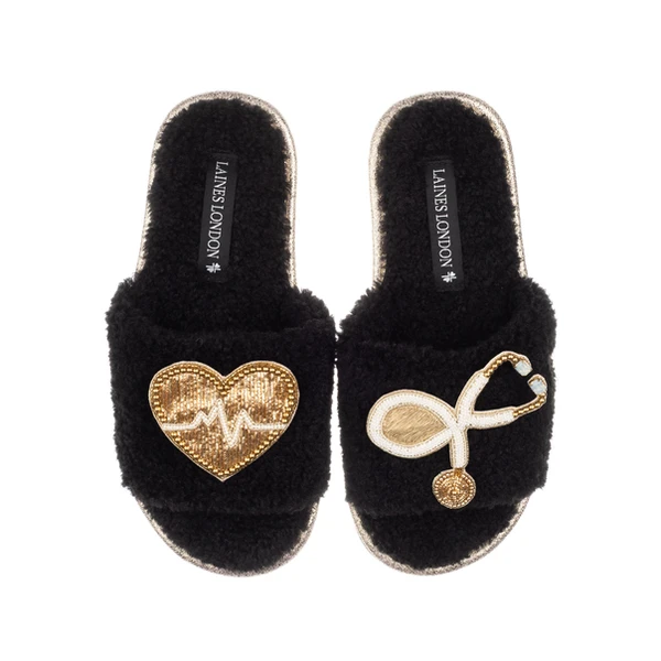 Laines London Teddy Towelling Slipper Sliders With Doctor Brooches