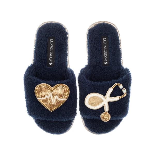 Laines London Teddy Towelling Slipper Sliders With Doctor Brooches