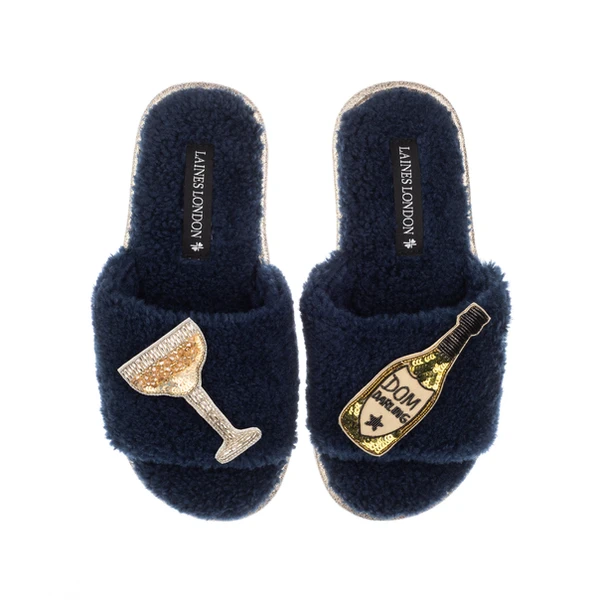 Laines London Teddy Towelling Slipper Sliders With Dom Darling Champagne Brooches