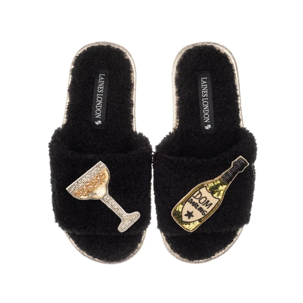 Laines London Teddy Towelling Slipper Sliders With Dom Darling Champagne Brooches