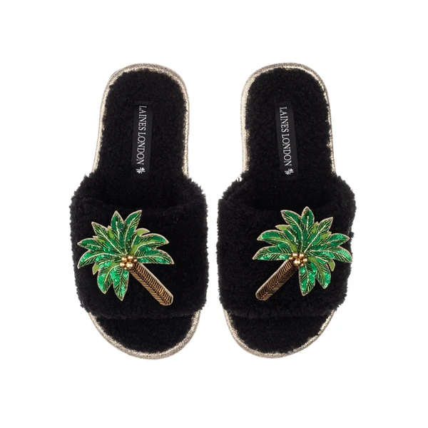 Laines London Teddy Towelling Slipper Sliders With Double Palm Tree Brooches