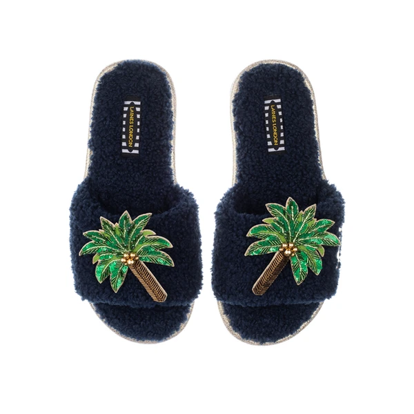 laines london Teddy Towelling Slipper Sliders With Double Palm Tree Brooches