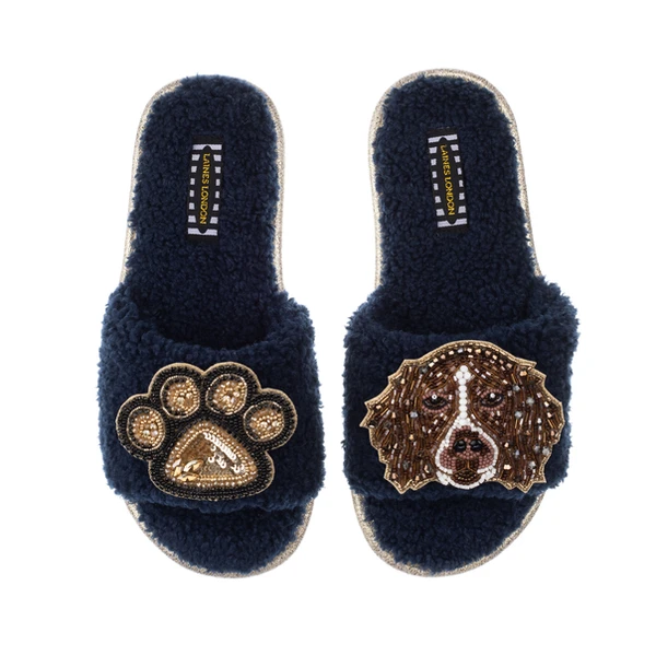 Laines London Teddy Towelling Slipper Sliders With Duke & Paw Brooches