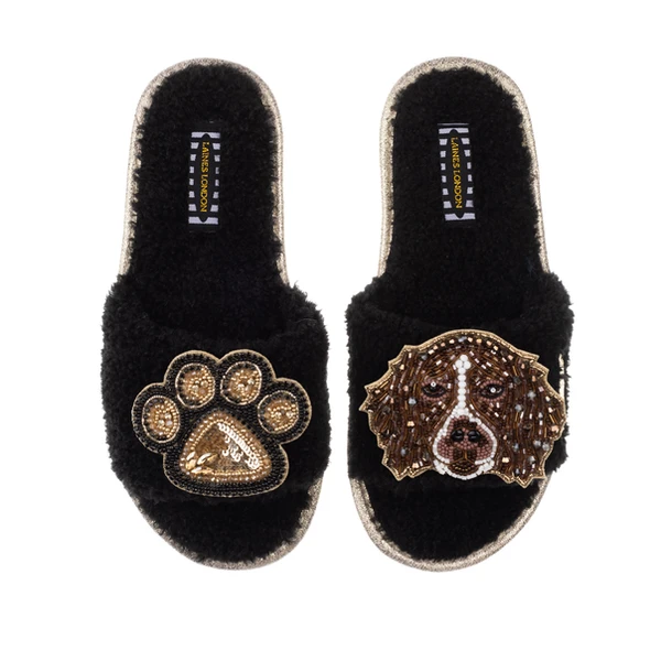 laines london Teddy Towelling Slipper Sliders With Duke & Paw Brooches