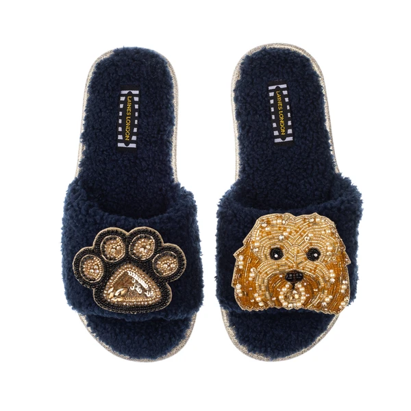 Laines London Teddy Towelling Slipper Sliders With Enki Doo & Paw Brooches