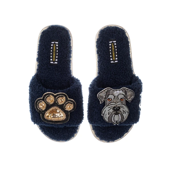 Laines London Teddy Towelling Slipper Sliders With Ernie The Schnauzer & Paw Brooches