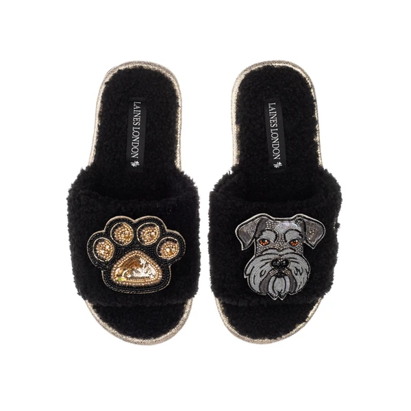 Laines London Teddy Towelling Slipper Sliders With Ernie The Schnauzer & Paw Brooches