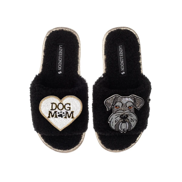 Laines London Teddy Towelling Slipper Sliders With Ernie The Schnauzer & Dog Mum /Mom Brooches