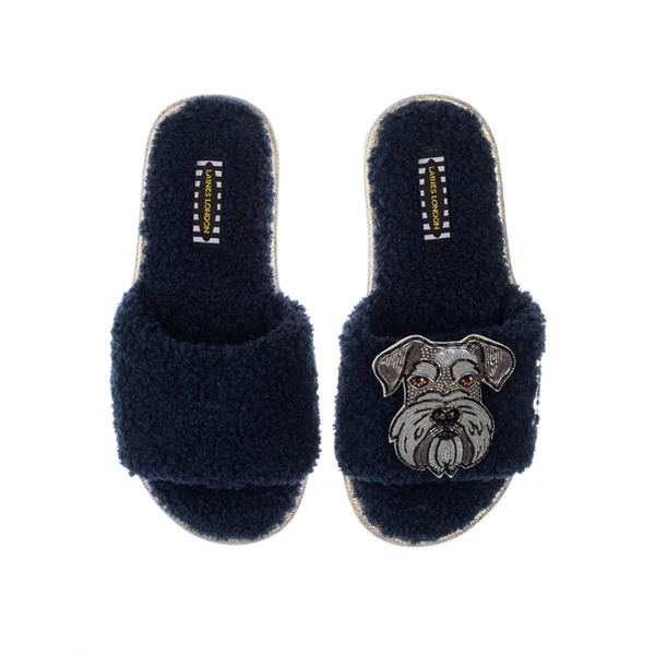 Laines London Teddy Towelling Slipper Sliders With Ernie The Schnauzer Brooch