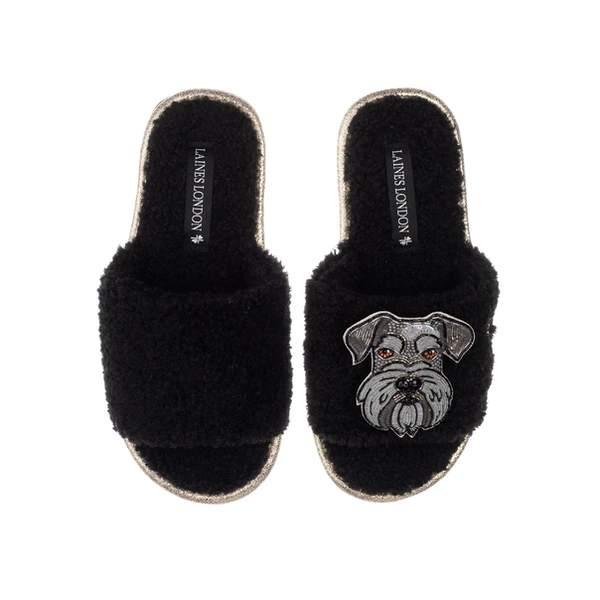 Laines London Teddy Towelling Slipper Sliders With Ernie The Schnauzer Brooch