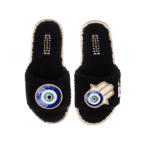Laines London Teddy Towelling Slipper Sliders With Evil Eye & Hamsa Hand Brooches
