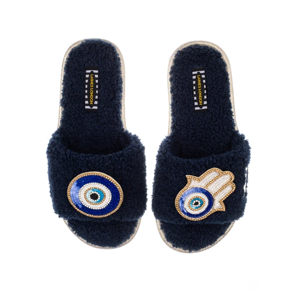 laines london Teddy Towelling Slipper Sliders With Evil Eye & Hamsa Hand Brooches