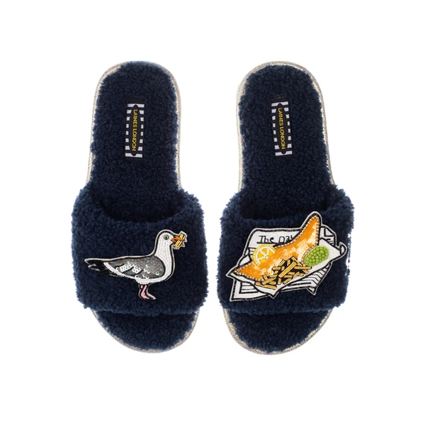 Laines London Teddy Towelling Slipper Sliders With Fish & Chips & Cheeky Seagull Brooches