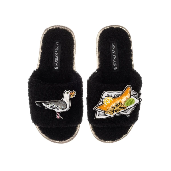 Laines London Teddy Towelling Slipper Sliders With Fish & Chips & Cheeky Seagull Brooches