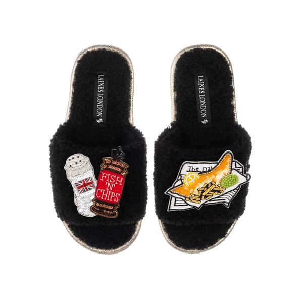 Laines London Teddy Towelling Slipper Sliders With Fish Chips & Salt & Vinegar Brooches